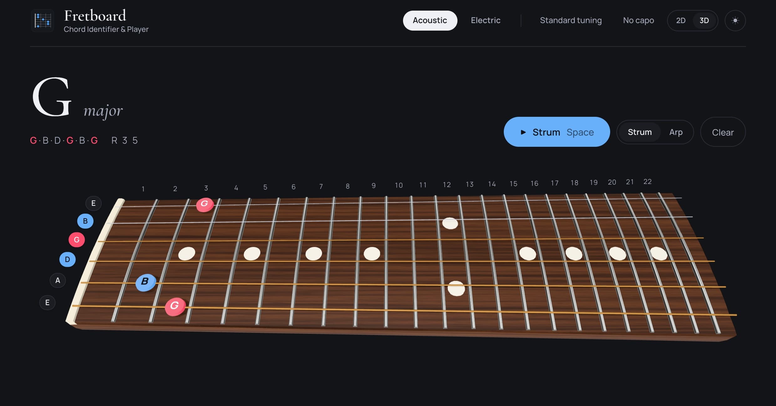 Fretboard in dark mode: a 3D rosewood guitar neck with a G major chord marked on the neck