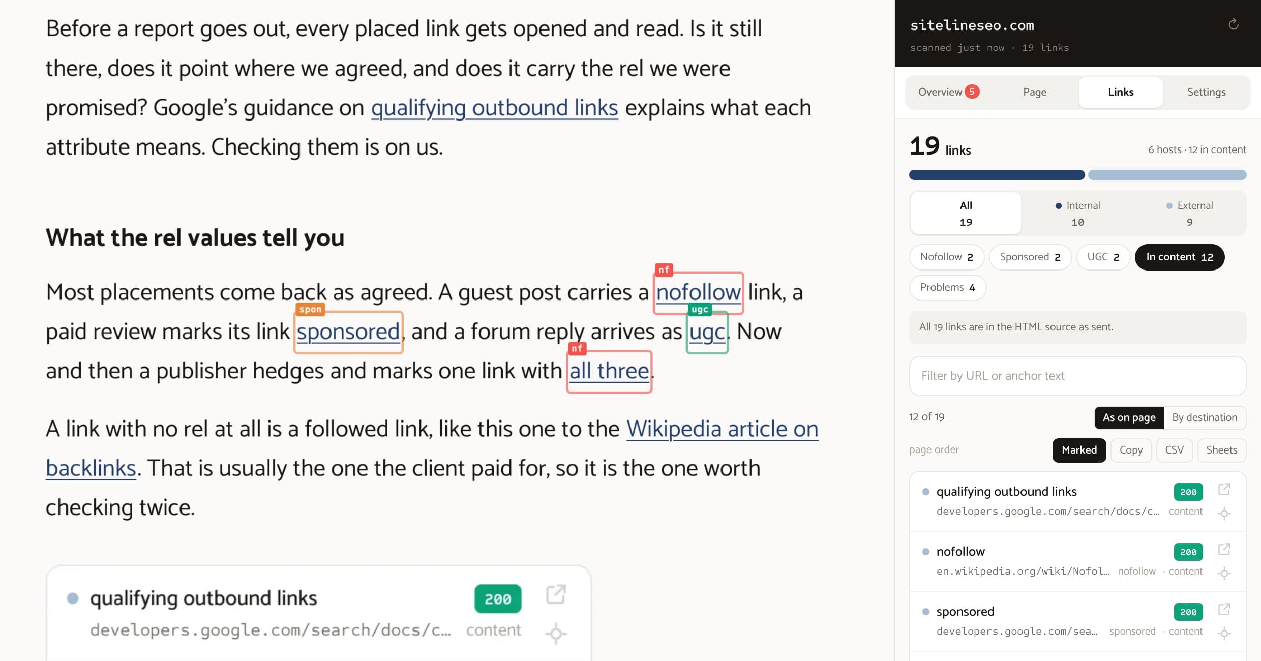 Siteline in light mode: an article with its nofollow, sponsored and ugc links outlined and labeled, beside the Siteline side panel listing the page’s 19 links, each answering 200